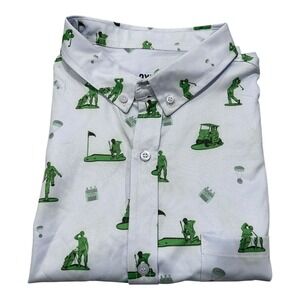 Nine Line Golf Shirt Mens 2XL Grey Green Army Men Toy Graphic Button Down SS